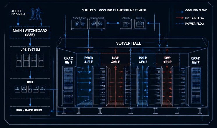 Schematic of the electrical power path and mechanical cooling path through a DataCenter, converging at the server hall