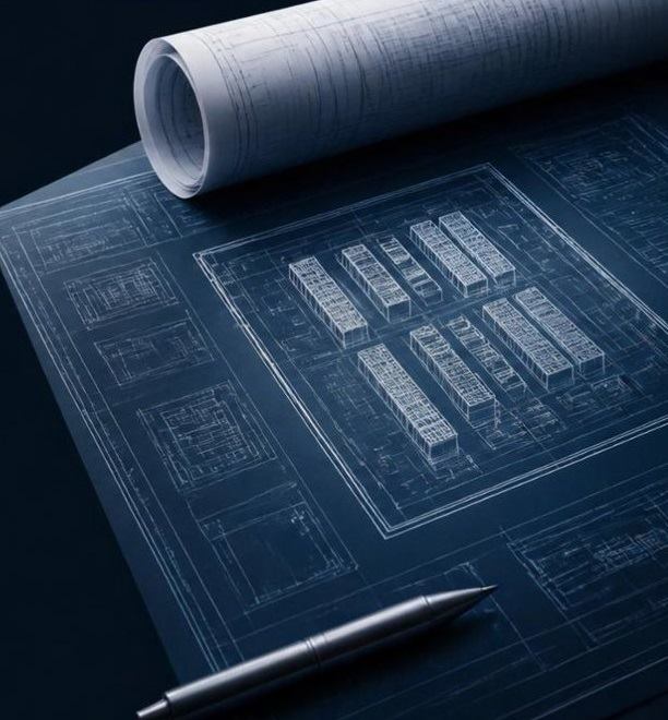 Rolled architectural blueprint of a data hall floor plan on a desk